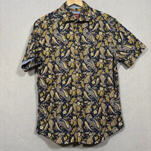 Consequence Mens Paisley Shirt M Black Yellow Blue Boho Retro Statement Casual